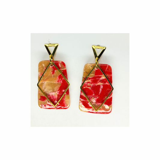 Red and Gold Dangle with Gold Triangle Stud Earrings-Crafting By BB