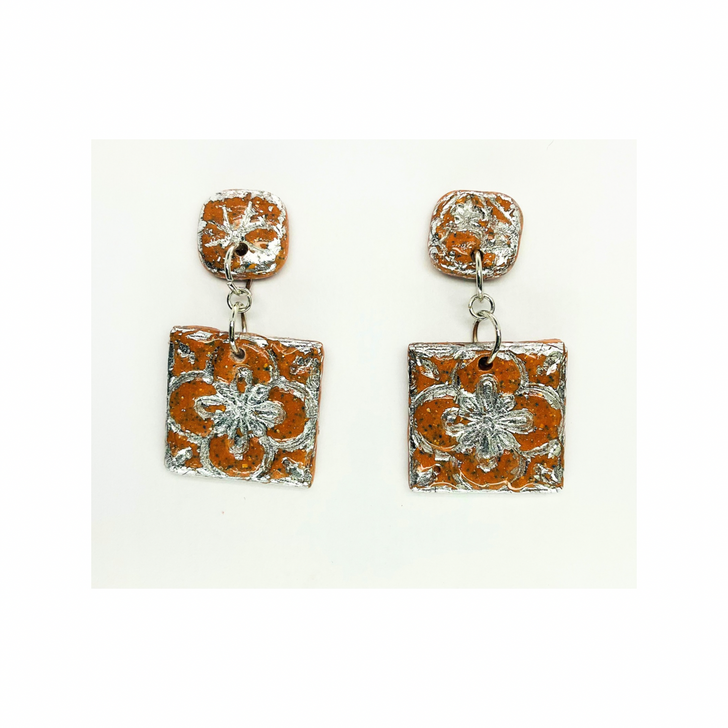 Terracotta Tile Stud Square with Silver Accents Dangle Earrings - Teracotta and Silver Design