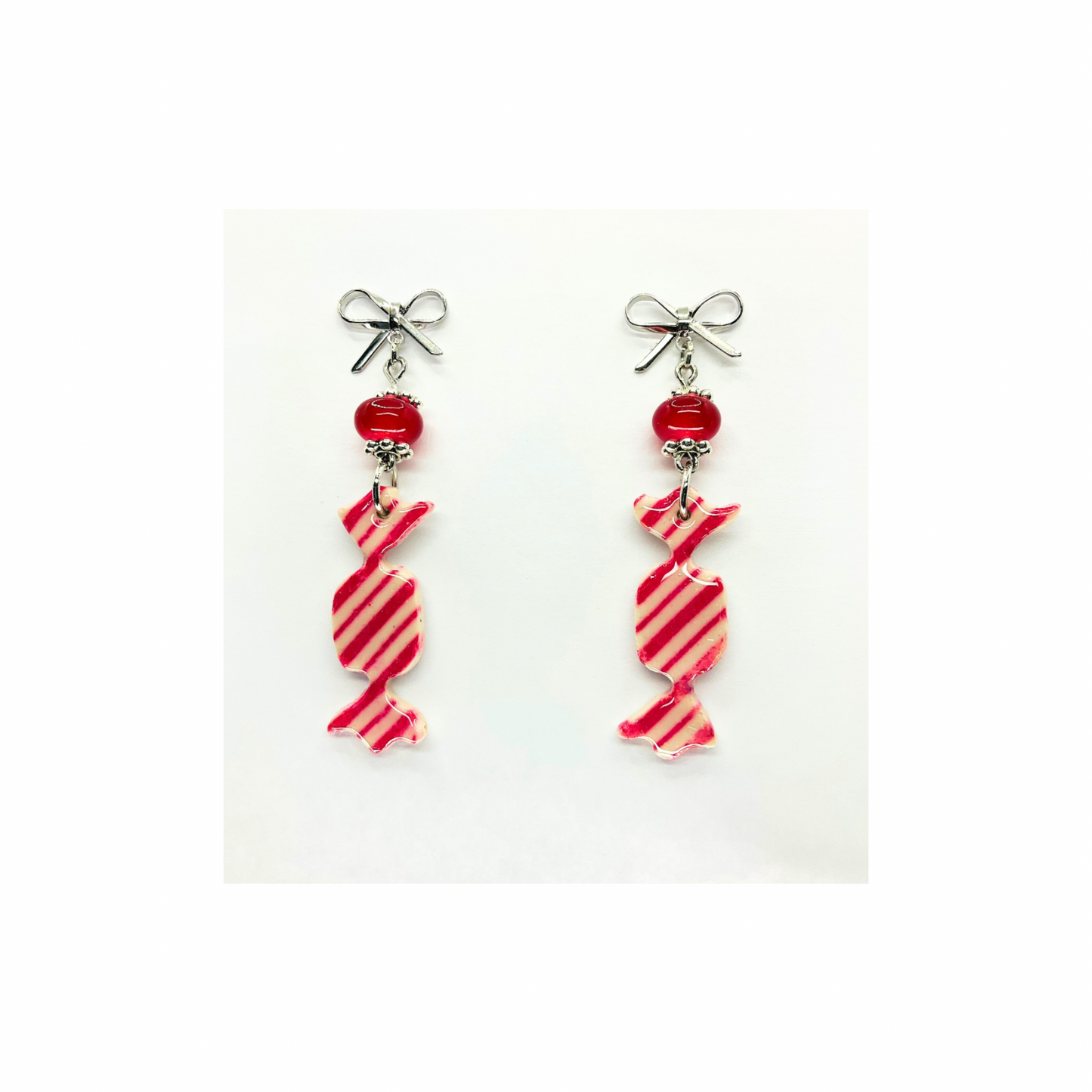 Wrapped Red Striped Candy Dangle with Red Bead and Silver Stud Earrings