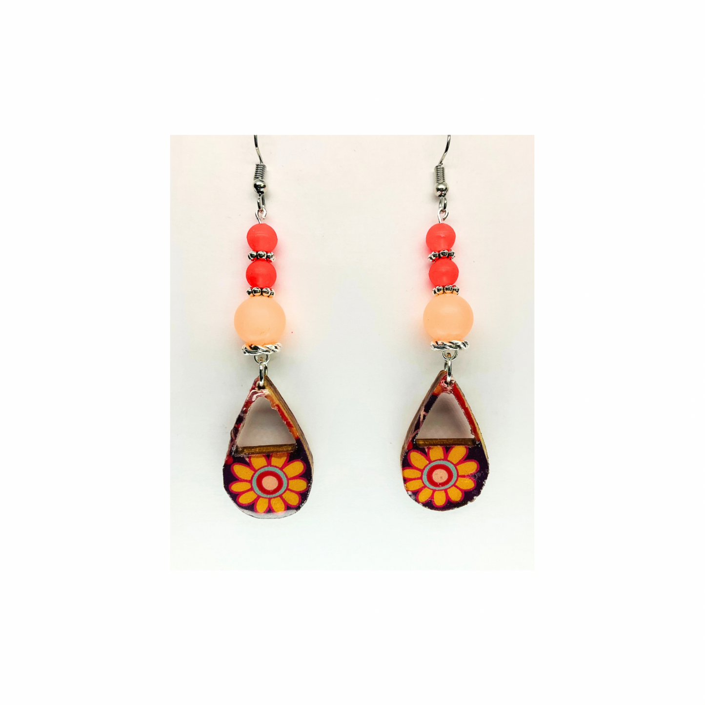 Bohemian Style Dangle Earring Handmade Wood Teardrop Decoupage Retro Paper Beads Orange & Silver Ear Wire Unique Artisan Jewelry