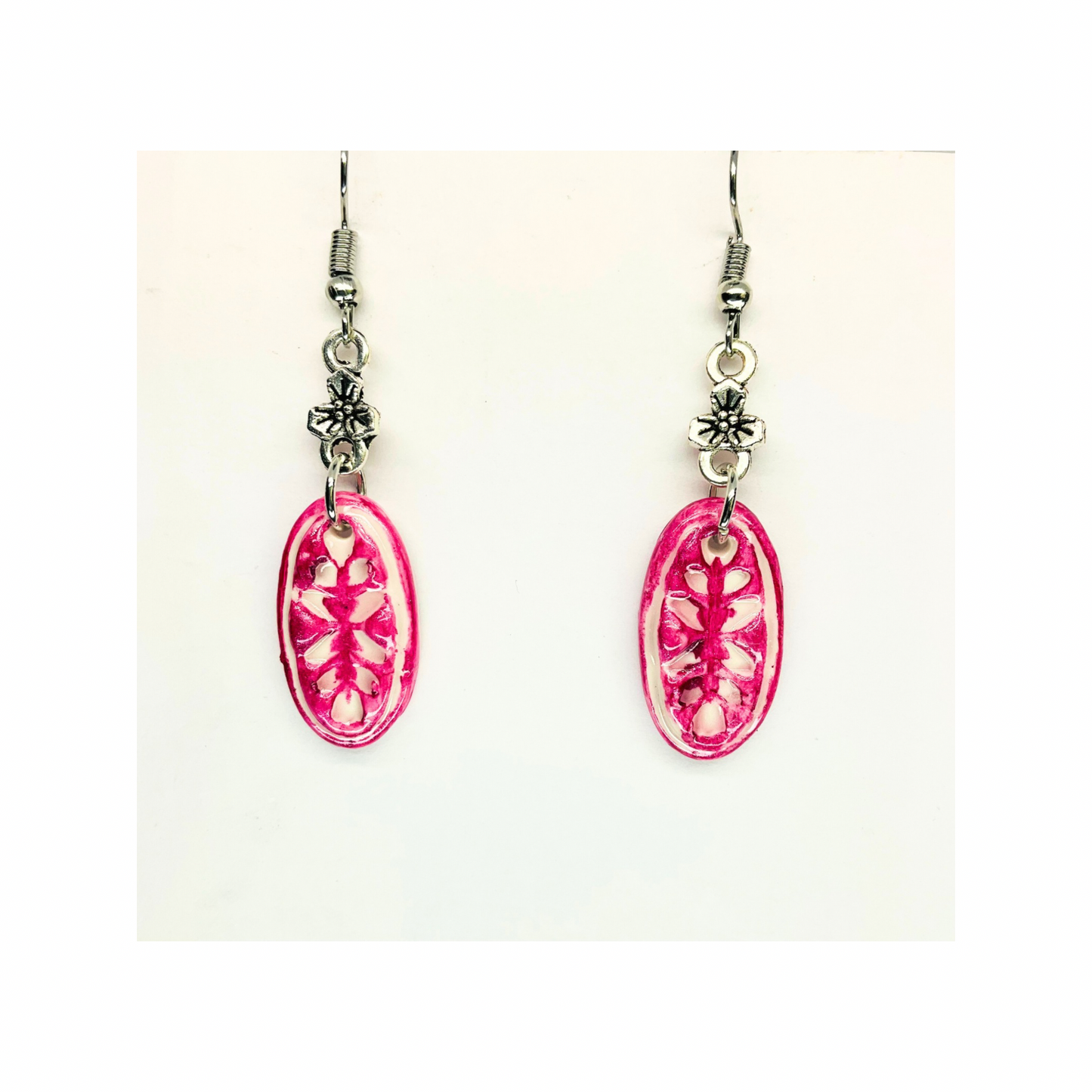 French Garden Collection Pink Oval with Silver Flower Dangle Earring for Women