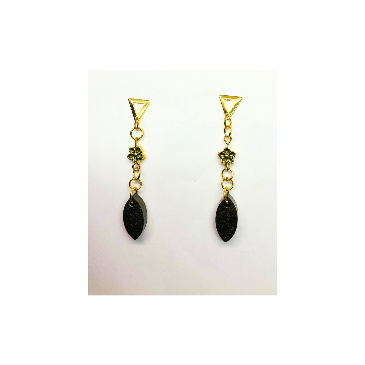 Dark Green Teardrop Stud Dangle Earrings with Gold Flower