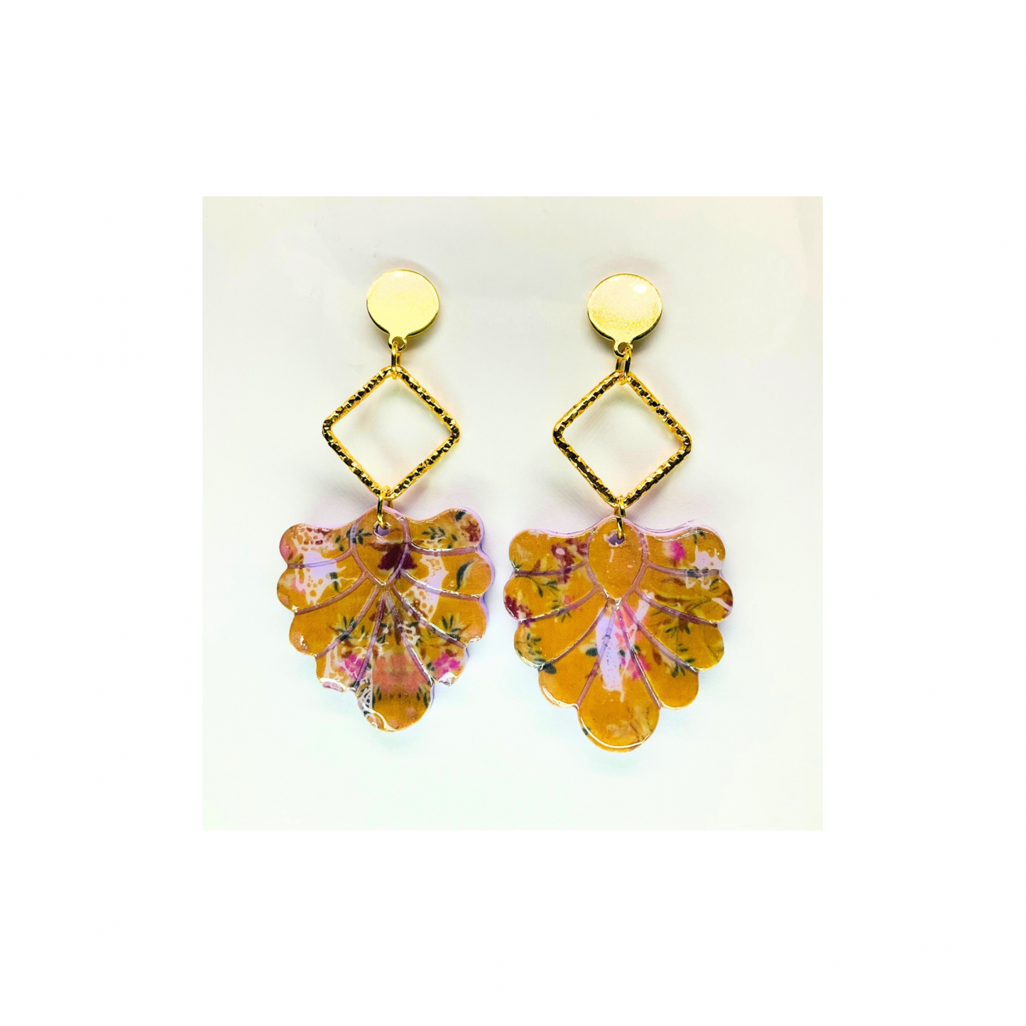 French Garden Beige and Purple Dangle with Gold Stud Earrings