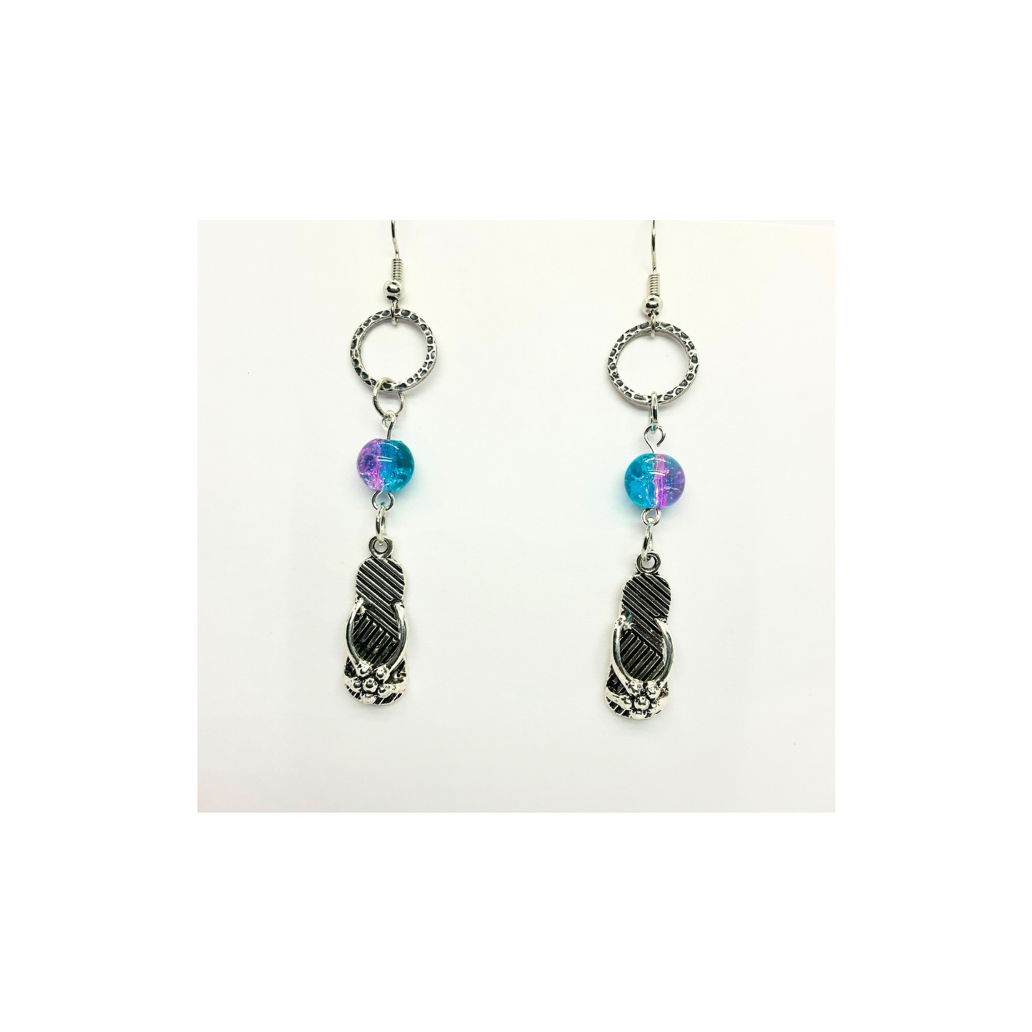 Ocean Collection Silver Flip Flops with Crystal Ocean Bead Dangle Earring - Unique Design Earrings
