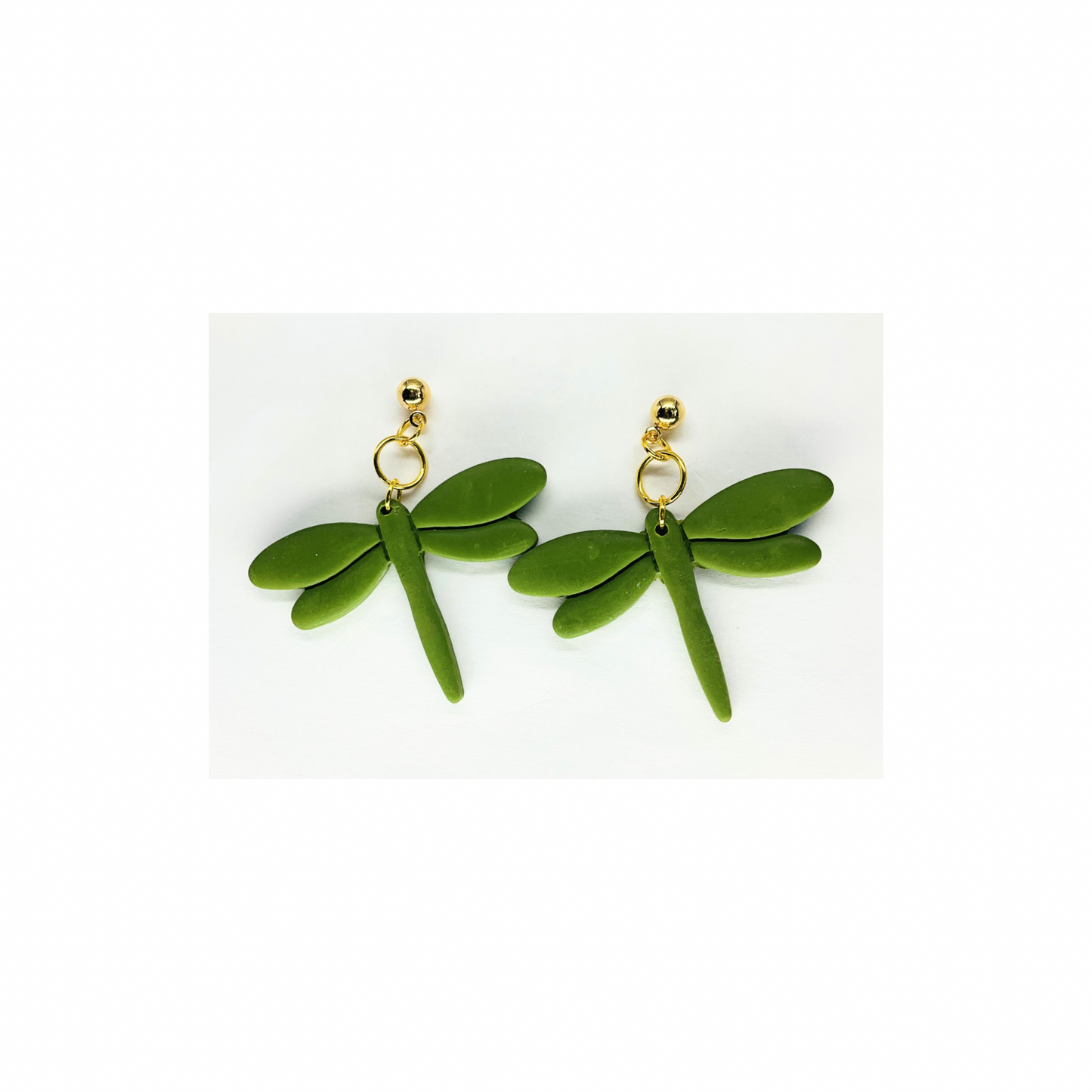 Olive Green Dragonfly Dangle with Gold Ball Stud Earrings-Crafting By BB