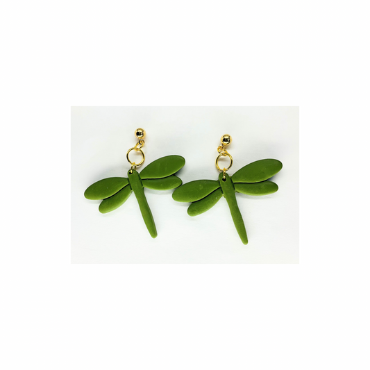 Olive Green Dragonfly Dangle with Gold Ball Stud Earrings-Crafting By BB