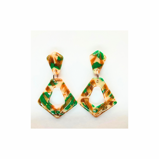 Green and Bronze Diamond Shaped Stud Dangle Earrings