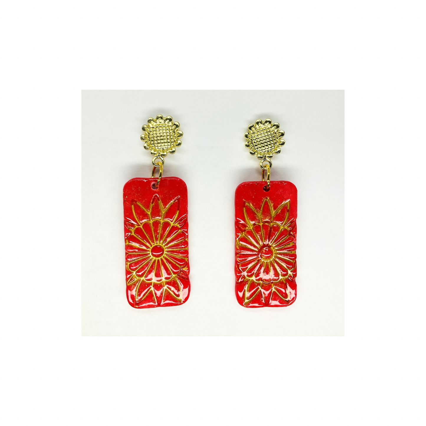 Red and Gold Rectangle Flower Dangle with Gold Stud Earring-Crafting By BB