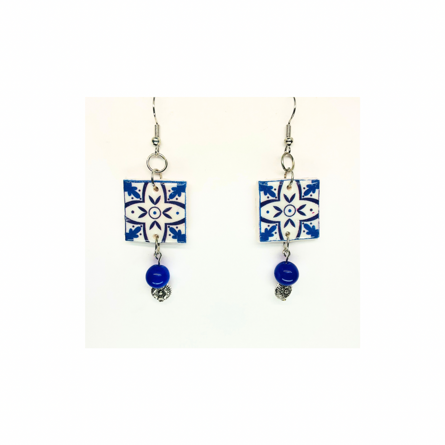 French Garden Collection Blue White Ceramic Tile Earrings with Blue Bead Dangle for Women Elegant Design Versatile Stylish Accessory