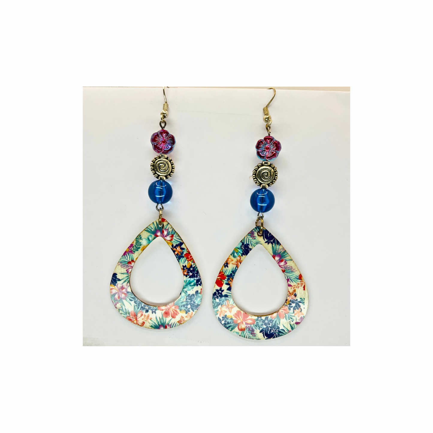 Wood Teardrop Floral Dangle with Bead Earrings-Crafting By BB