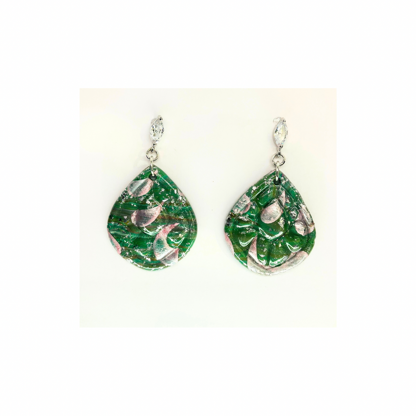 Green Silver Sparkle with Pearl Pink on Rhinestone Stud Dangle Earring for Adults Sparkly Teardrop Design