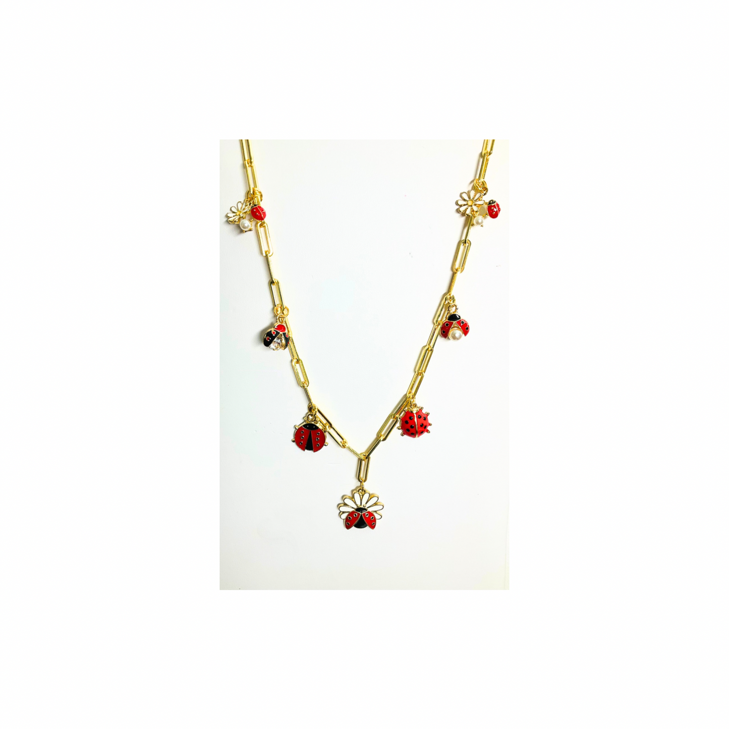 Gold Paperclip Chain Ladybug 18-inch Charm Necklace with Red Beads and Floral Accents for Women