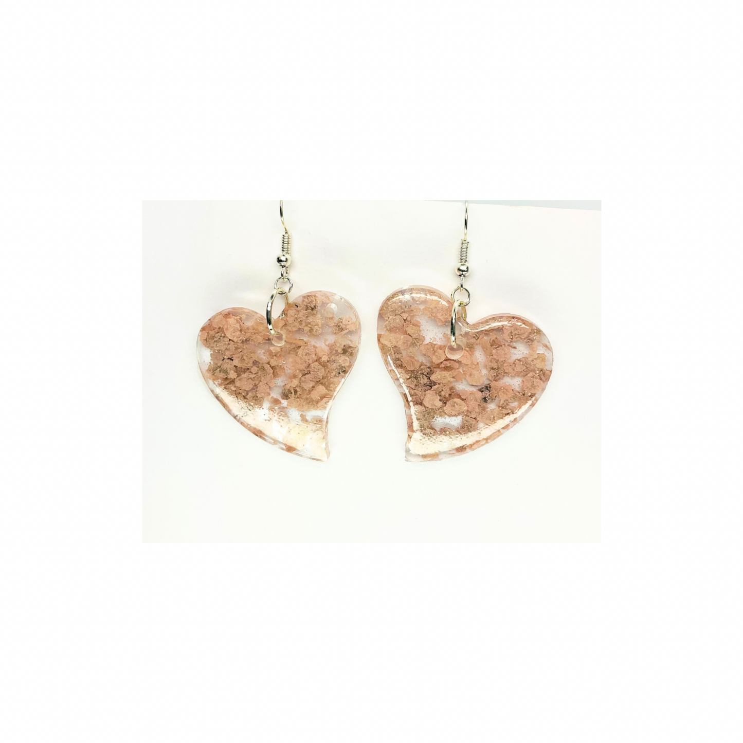 Handmade Light Pink Heart Earrings Clear Resin & Flakes Dangle Style Silver Hook Unique Handcrafted Jewelry
