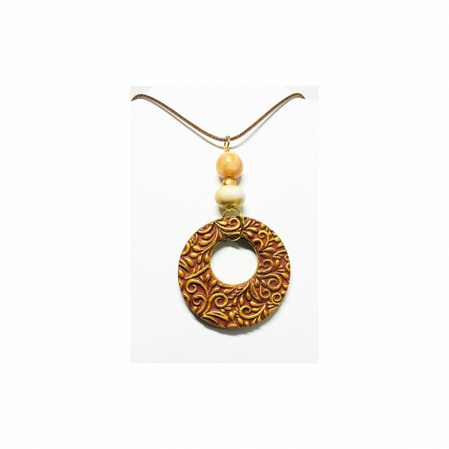 Burnt Sienna Pendant with Gold Accents and Beads on an Adjustable Rope Necklace in PU Leather Material - Elegant & Versatile Jewelry Accessory