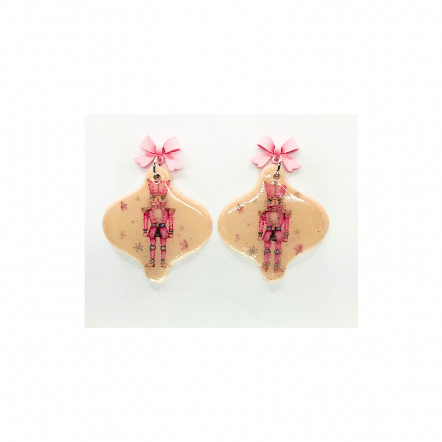 Nutcracker Ornament Dangle Earrings with Pink Bow Stud