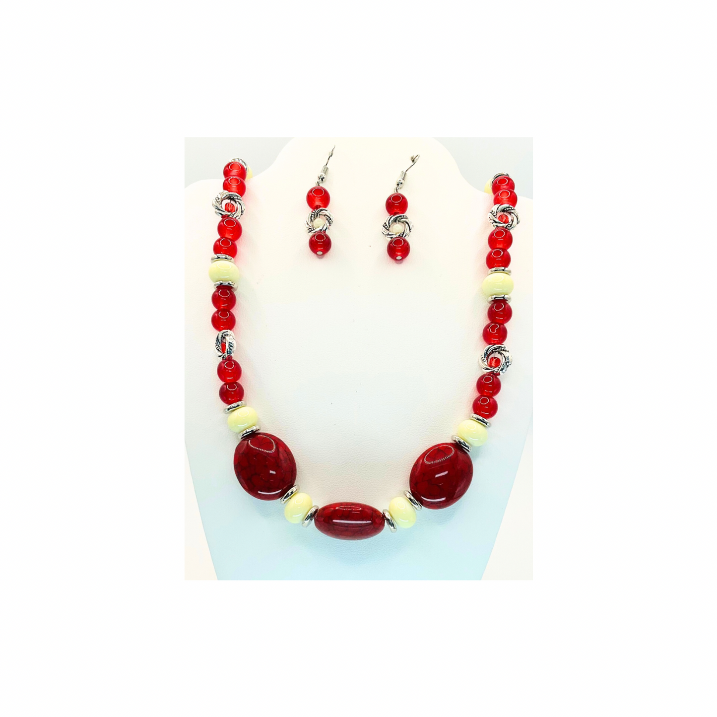 Crimson Red and Cream Beaded Necklace with Dangle Earring Set for Women's Fashion Jewelry