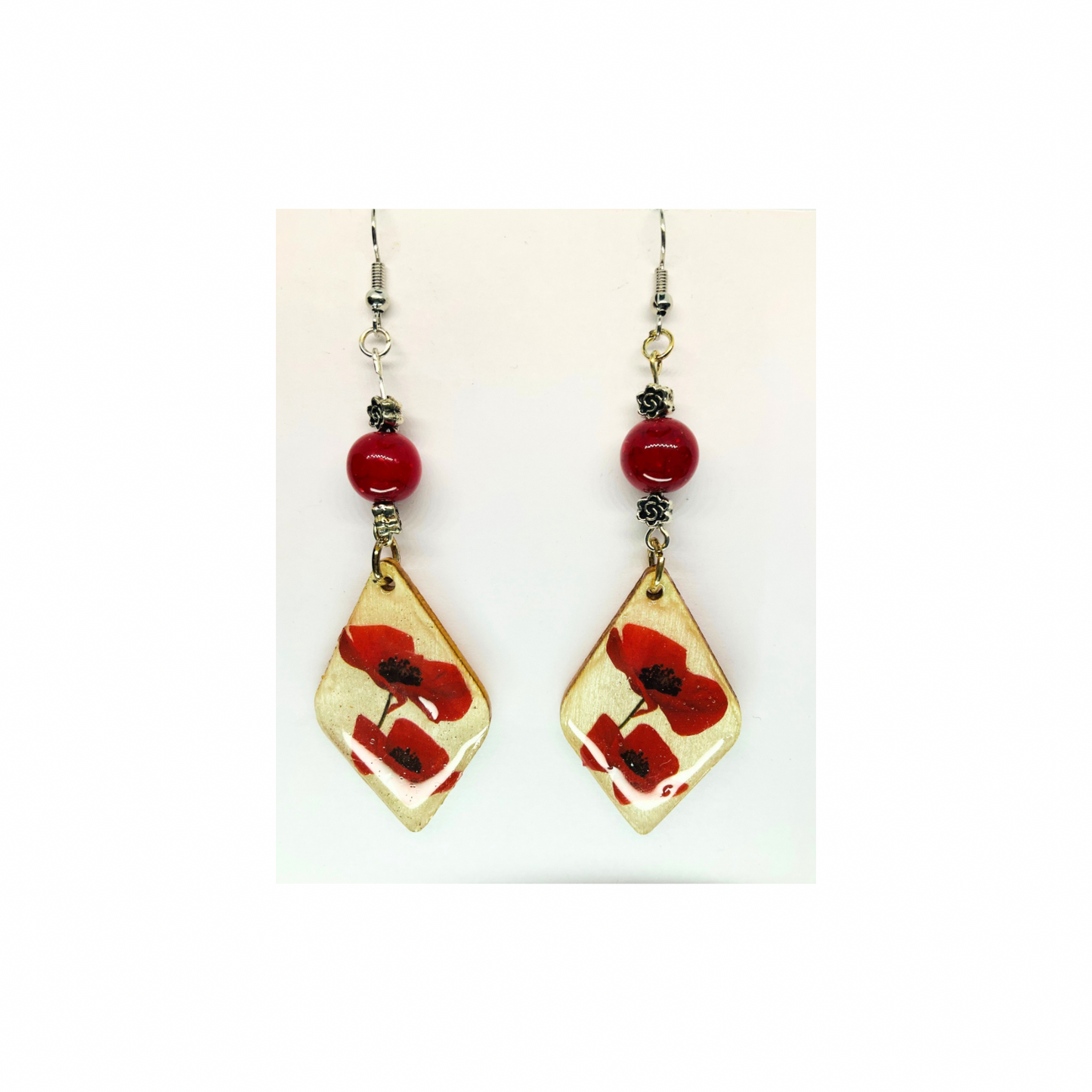 French Garden Collection Wood Diamond Shape with Red Flowers and Red Bead Dangle Earrings