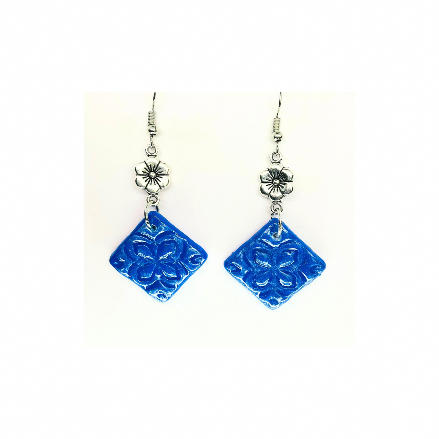 Blue Tile 132 with Silver Flower Charm Dangle Earrings - Square Design & Colorful Appeal