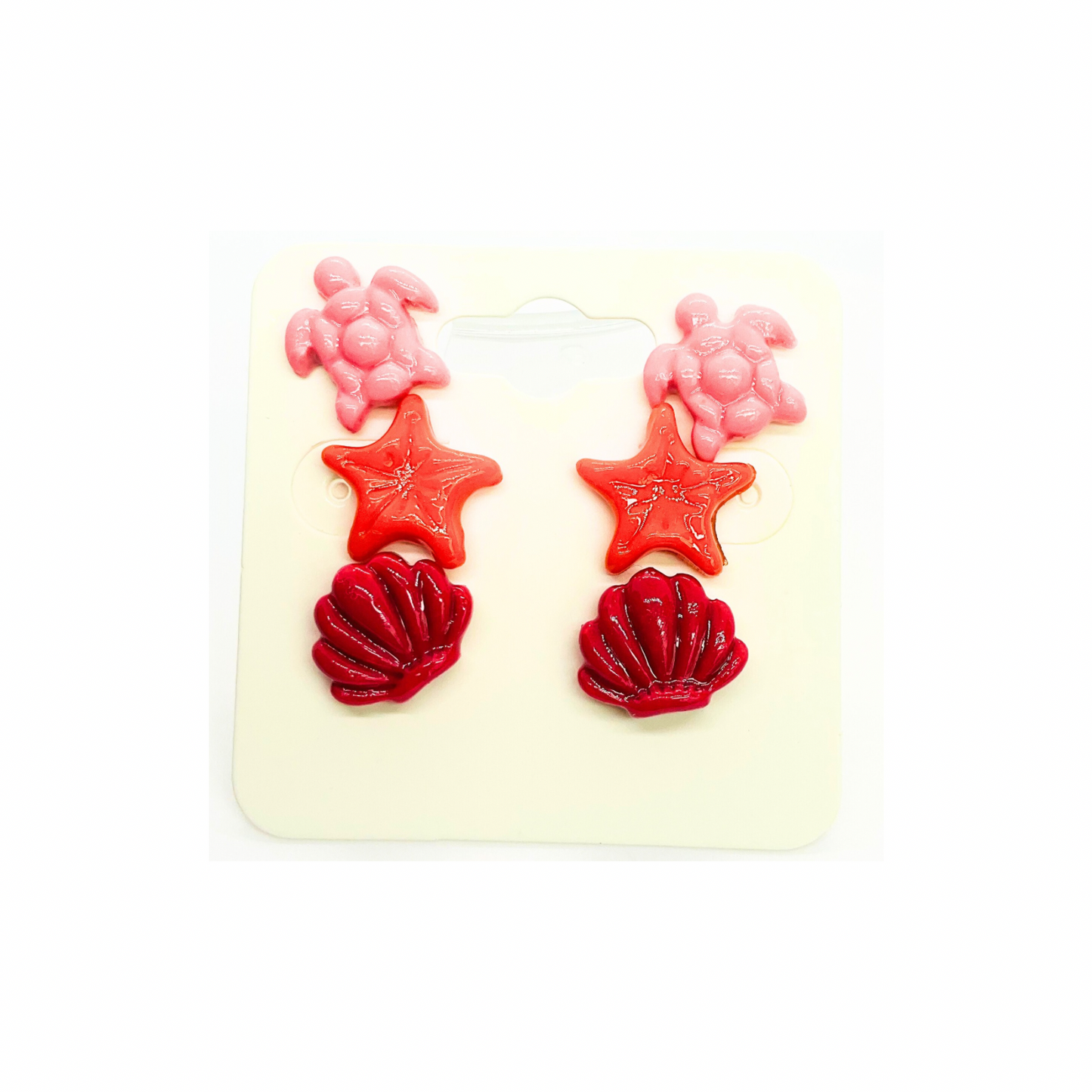 Mermaid Collection Light Pink Turtle, Orange Starfish and Dark Pink Shell Stud Earrings