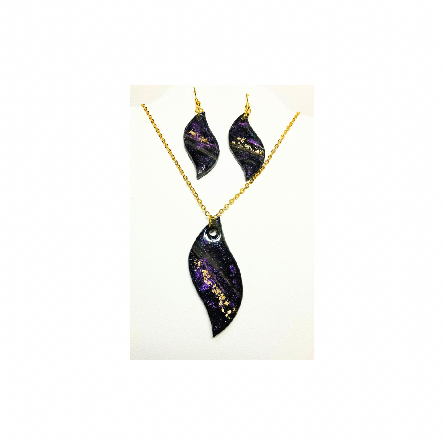 Purple Swirl Earring Set Handcrafted Polymer Clay Pendant & Earrings Gold Leaf Accents