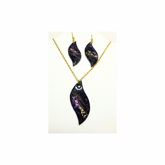 Purple Swirl Earring Set Handcrafted Polymer Clay Pendant & Earrings Gold Leaf Accents