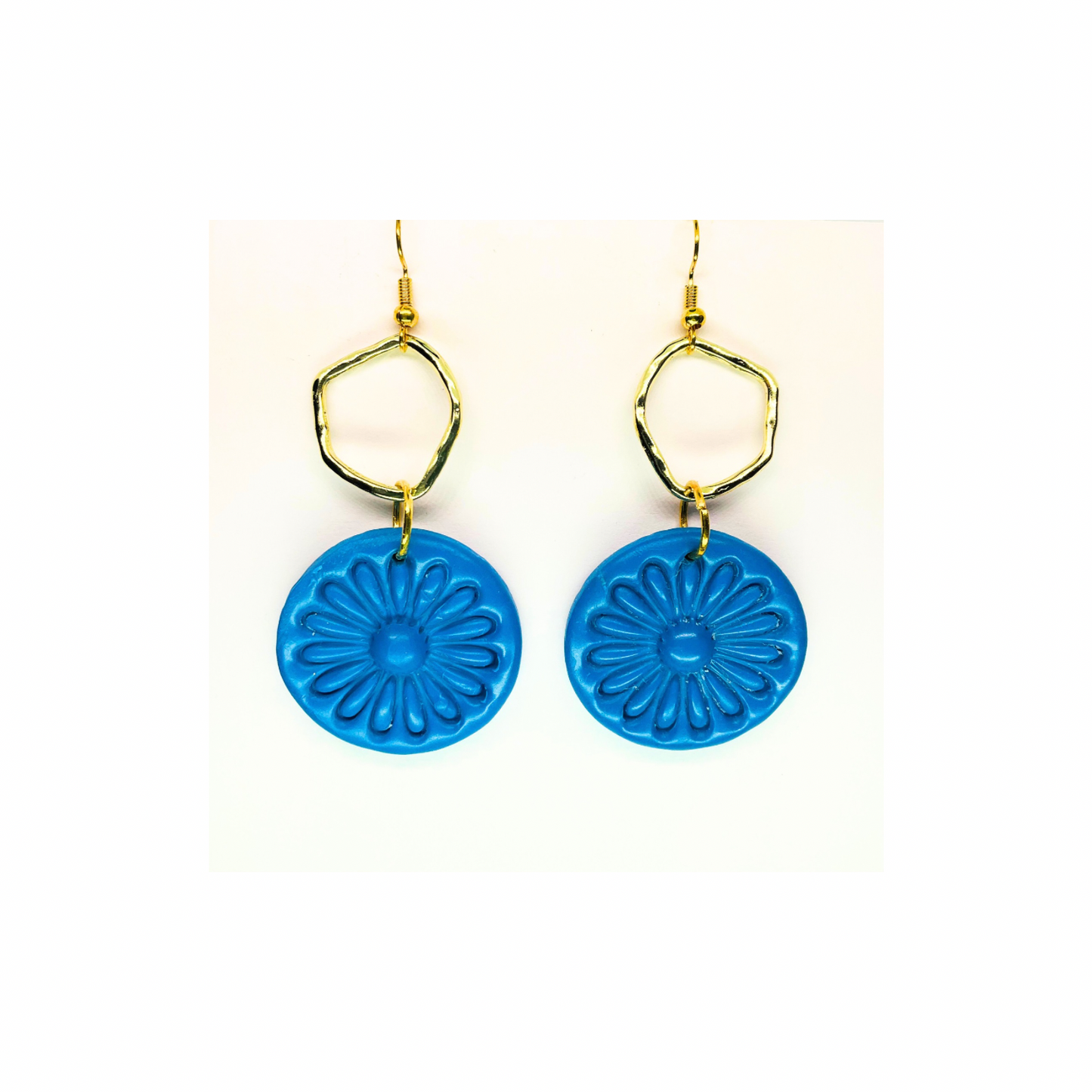 Blue Circle with Gold Accents Dangle Earrings - Unique Design Featuring Blue Circular Charms and Gold Accents