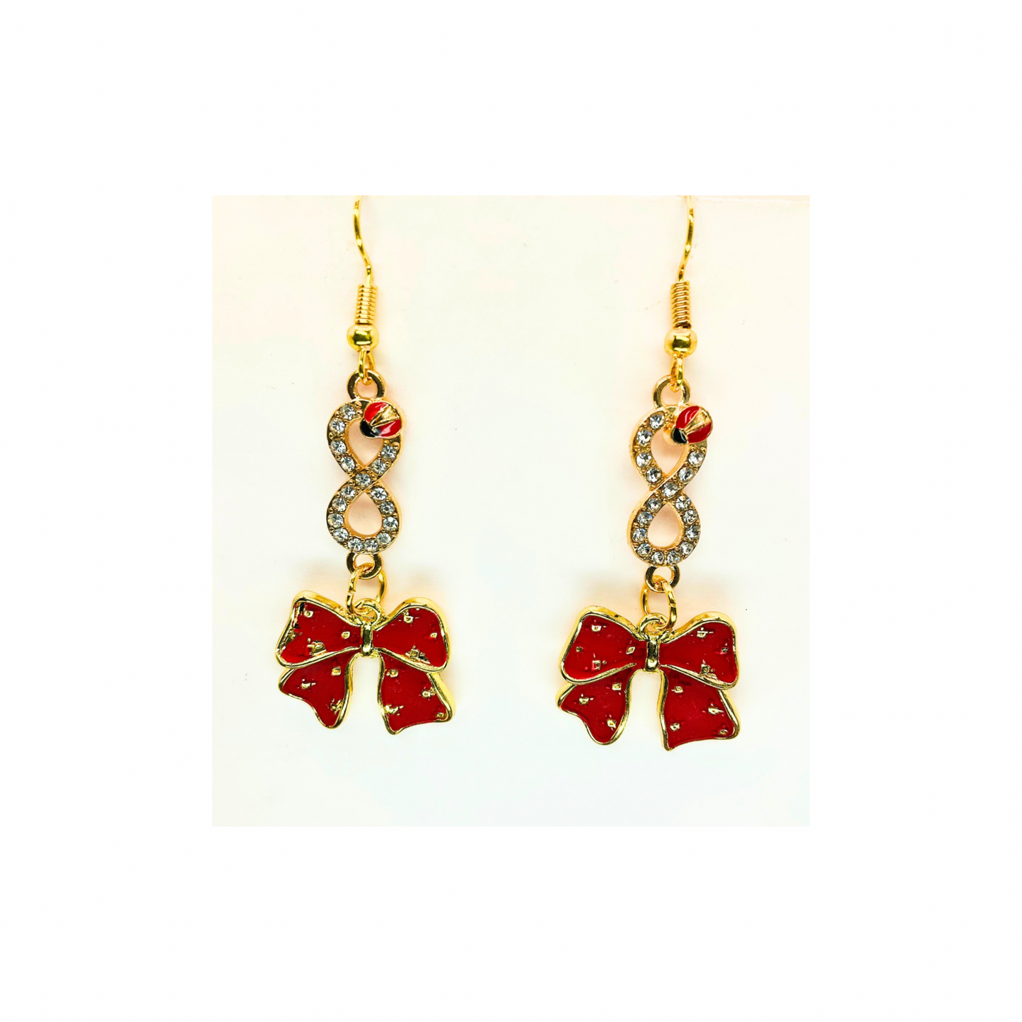 Red and Gold Bow with Ladybug Rhinestone Dangle Earring