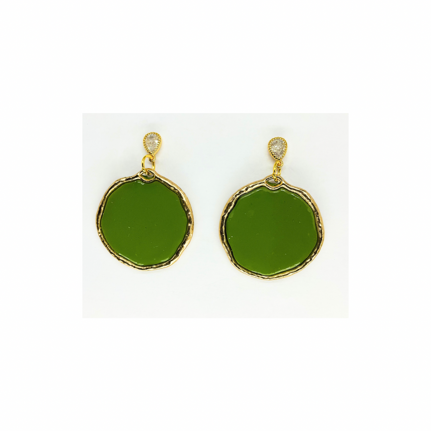 Olive Green and Gold Circle Dangle with Teardrop Rhinestone Stud Earrings-Crafting By BB