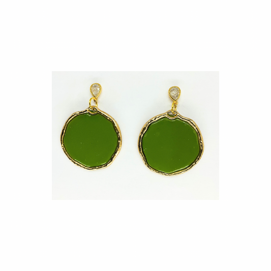 Olive Green and Gold Circle Dangle with Teardrop Rhinestone Stud Earrings-Crafting By BB