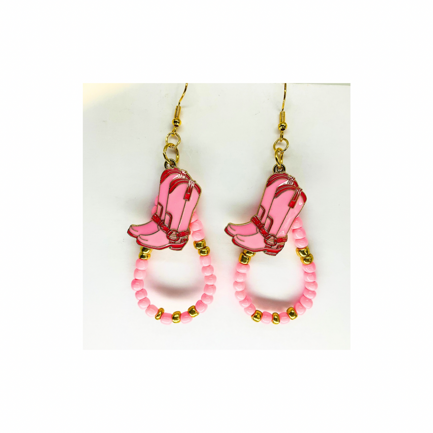Pink Beaded Teardrop Dangle with Pink Boot Charm Earrings