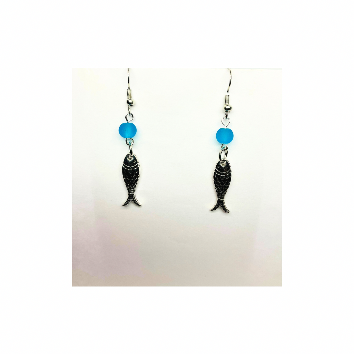 Ocean Collection Silver Fish with Blue Bead Dangle Earring - Elegant Female Accessory for Casual & Formal Events