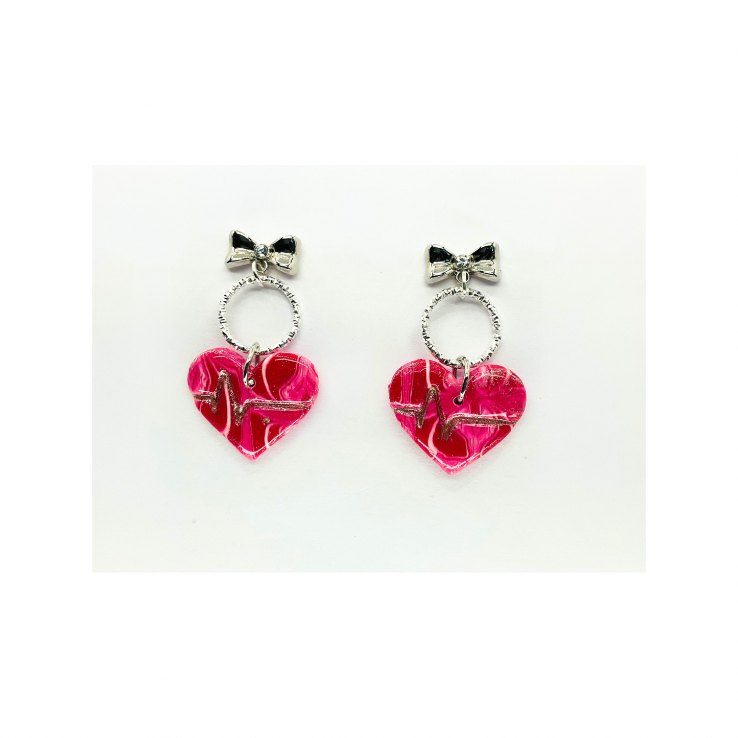 Earrings Featuring Marble Pink Silver Heart with Round Loop and Silver Bow Stud Earrings