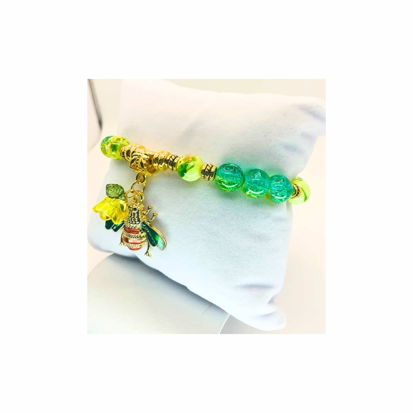 Green Crystal and Gold Beaded Bracelet with Bee Charm-Crafting By BB