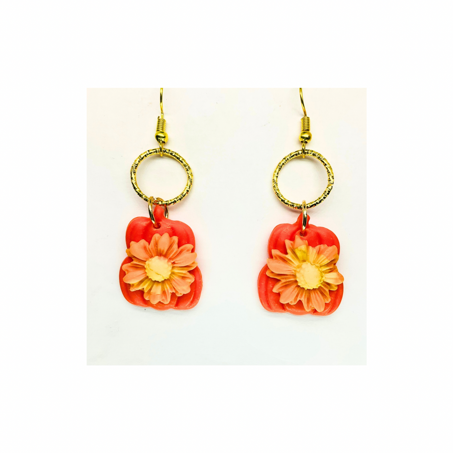 Fall Collection Orange Stacked Pumpkins with Large Flower Dangle Earring