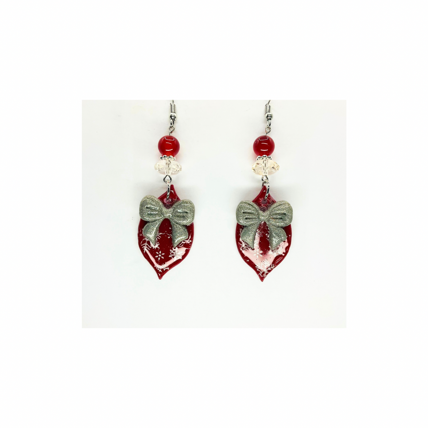 Red Ornament with Silver Bow Embellished with Beads Dangle Earring for Festive Wear