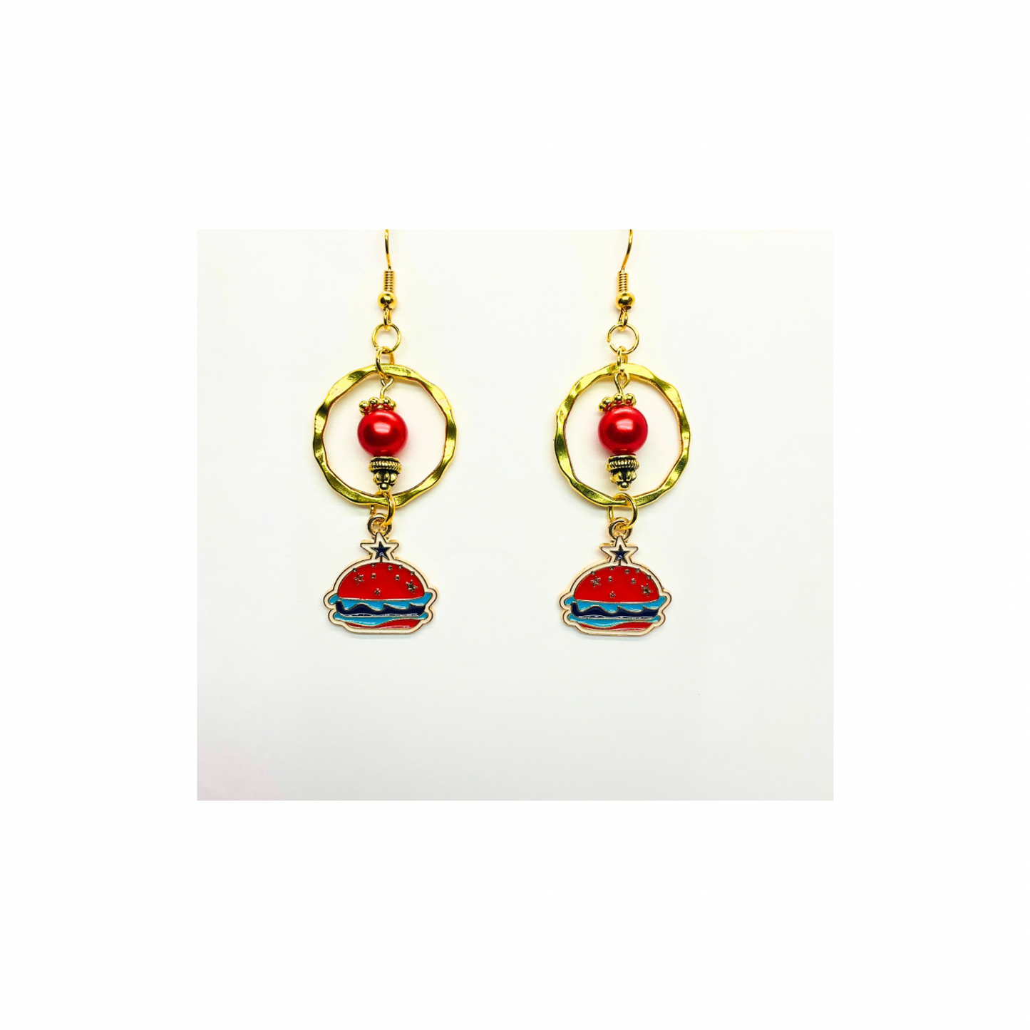 Patriotic Collection Gold Circle with Hamburger Charm Dangle Earrings