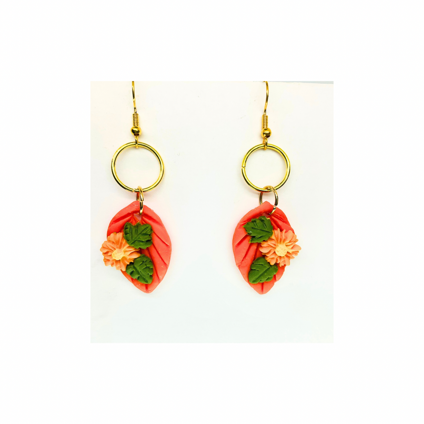 Fall Collection Orange Leaf with Floral Dangle Earrings - Unique Design with Green Leaves and Floral Accents