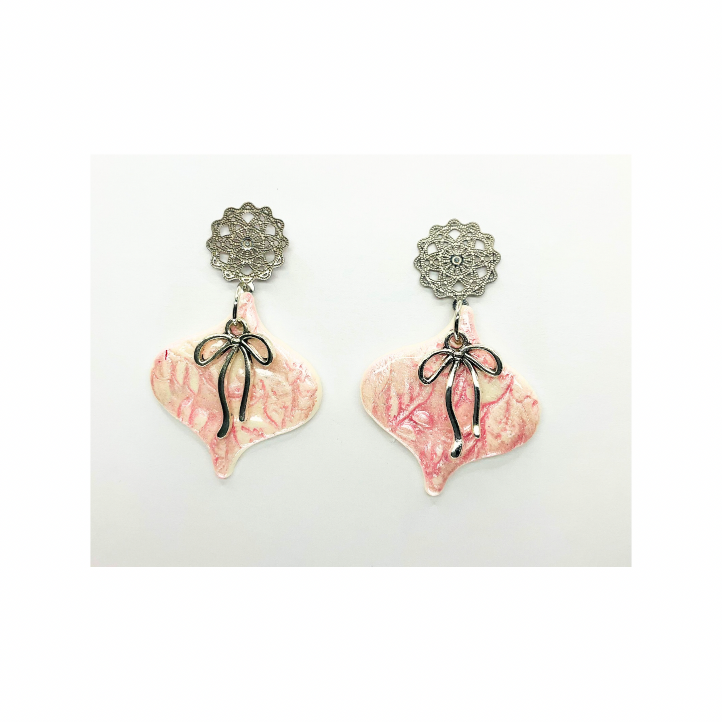 White and Pink Ornament with Filigree Silver Stud Dangle Earring for Elegant and Versatile Styling