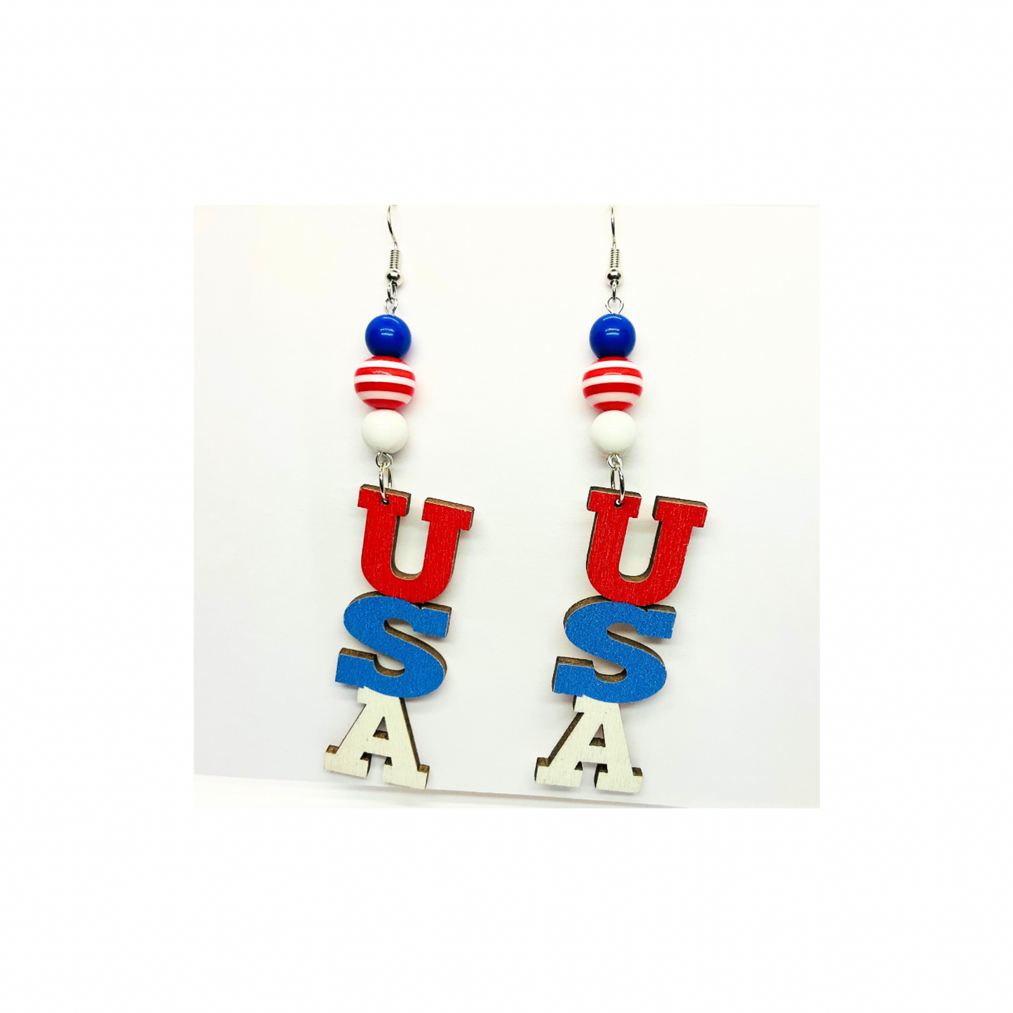 Patriotic Collection USA Wood with Bead Dangle Earring for Female Red White Blue Colorful Design
