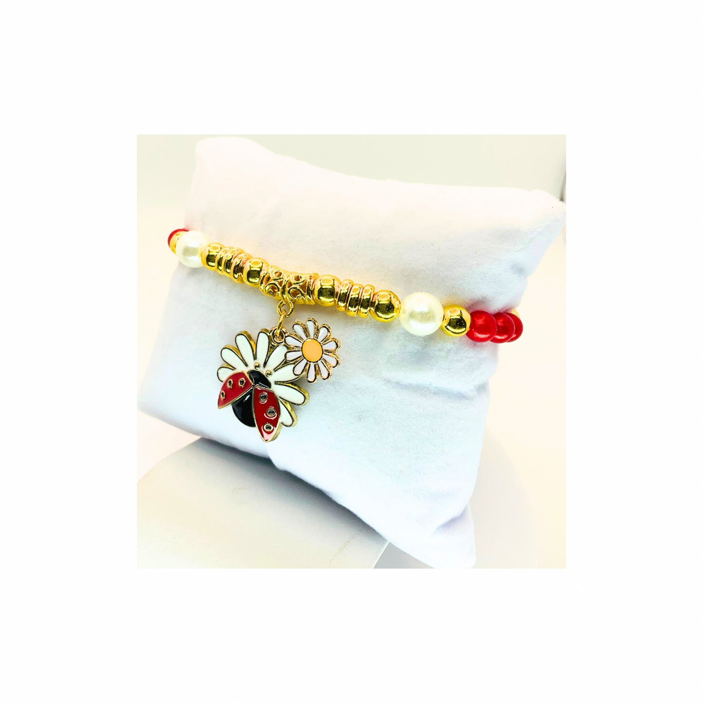 Red and Pearl Beaded Stretch Bracelet with Ladybug charm-Crafting By BB