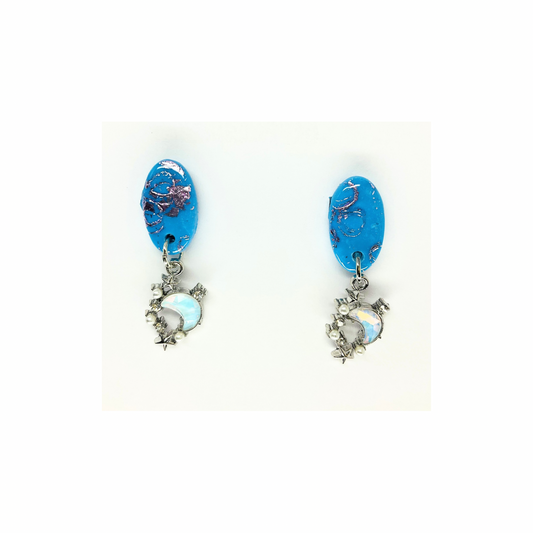 Azure Blue Stud with Moon and Star Charm Dangle Earring-Crafting By BB