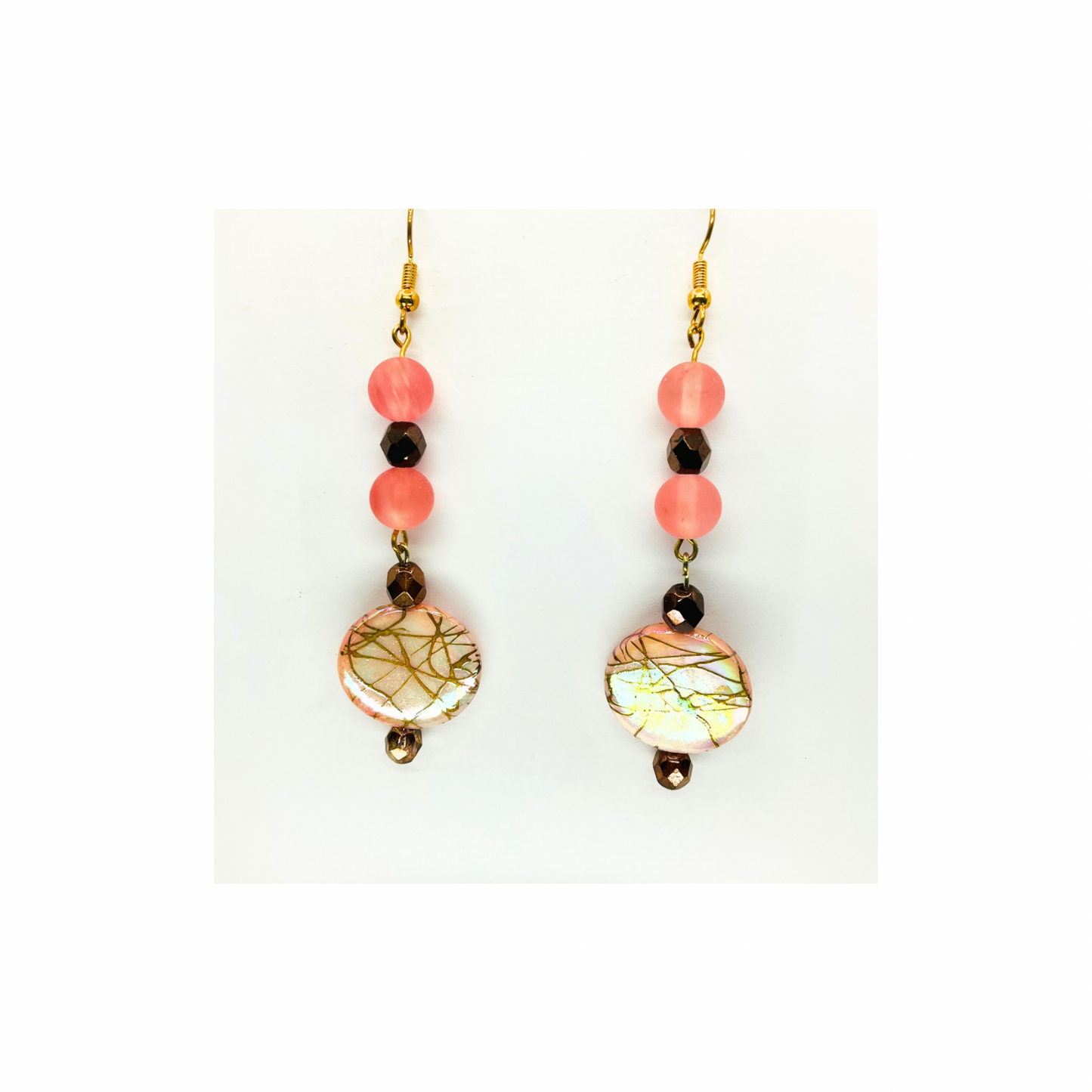 Pearl Pink and Gold Disk Dangle with Pink and Bronze Beads