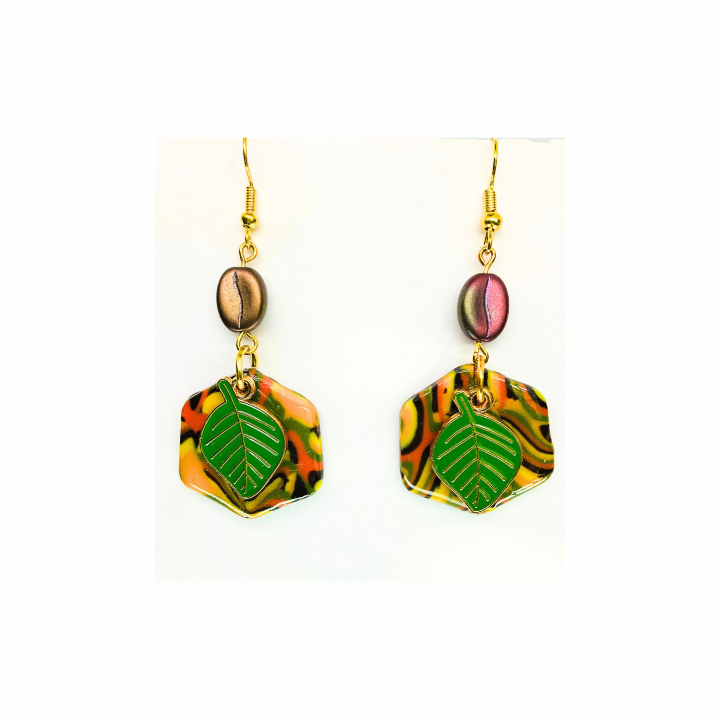 Fall Collection Deep Green Leaf Charm Dangle Earrings with Colorful Hexagon Design and Gold Hooks