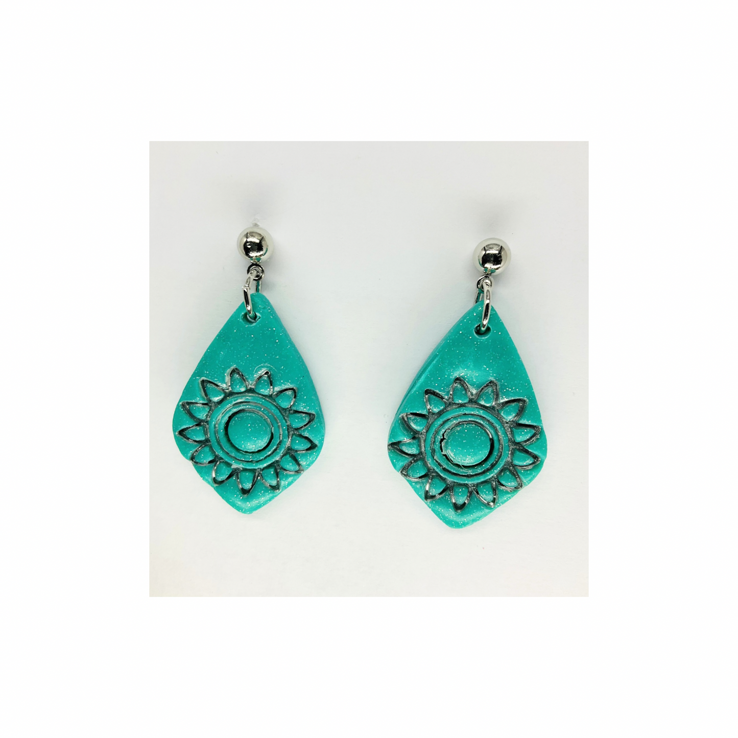 Turquoise Starburst Teardrop with Silver Ball Stud Dangle Earring-Crafting By BB