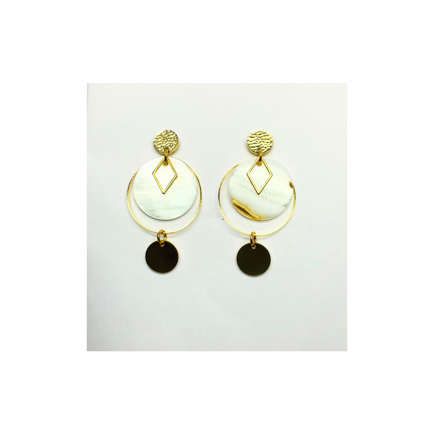 Spot Cream and Gold Collection Dangle Earrings for Female with Geometric Design and Circular Elements