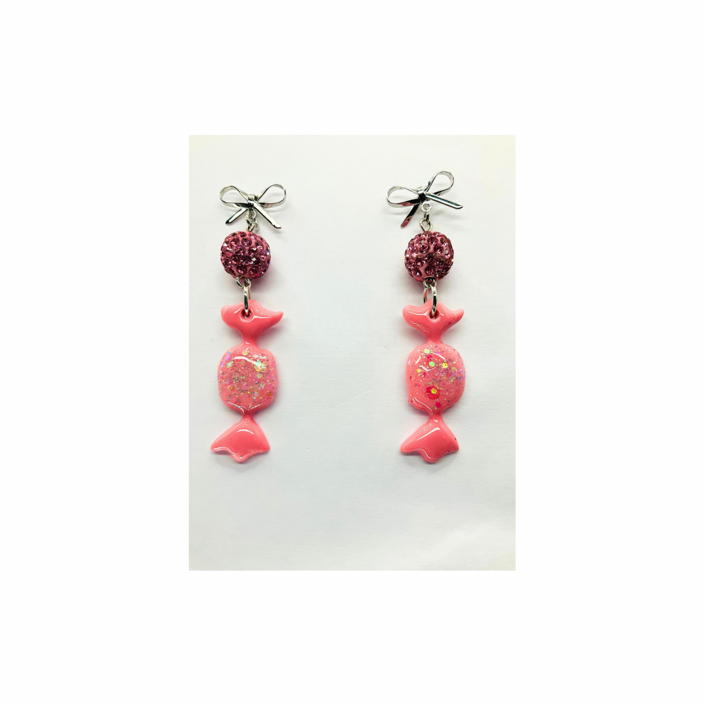 Pink Wrapped Candy Earrings with Sparkle Bead & Silver Stud Bow Dangle for Festive Wear