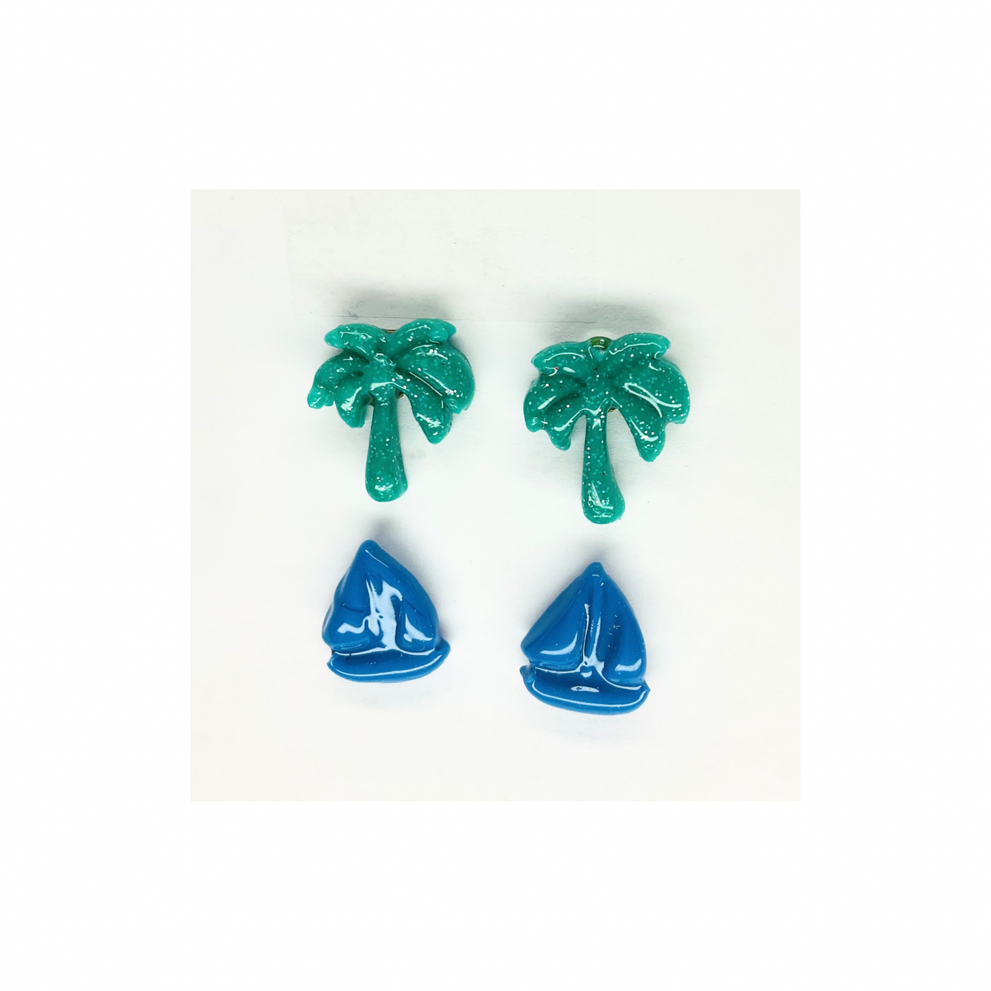 Blue Sailboatand Green Palm Tree Stud Earrings-Crafting By BB