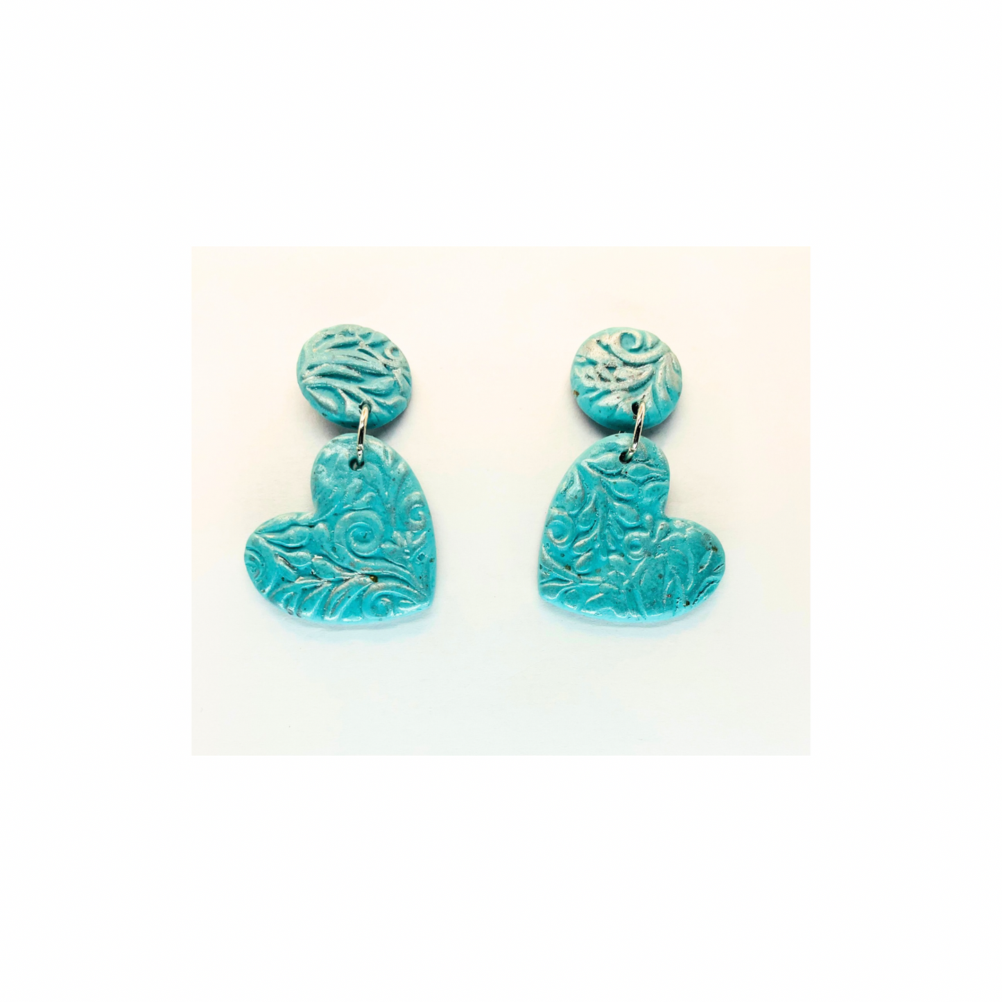 Earrings Blue and Silver Heart Dangle with Button Studs