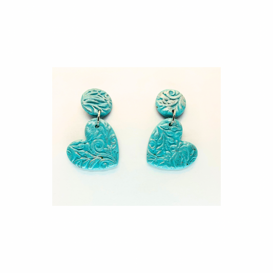 Earrings Blue and Silver Heart Dangle with Button Studs