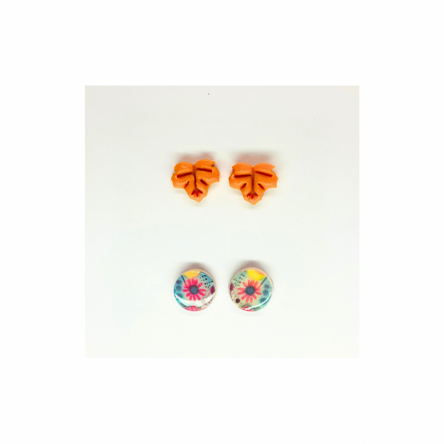 Fall Collection Yellow Leaf and Round Flower Stud Earrings - Yellow Leaves & Colorful Floral Design
